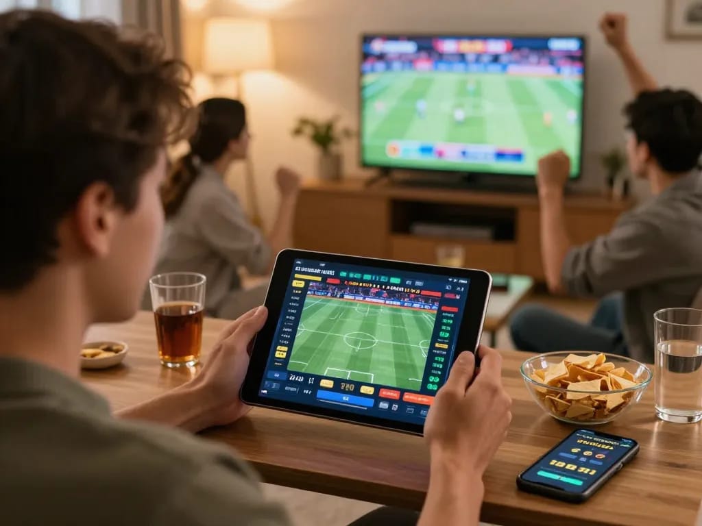 Betting on sports passionately with Tin88, engaging with live action on tablet in a vibrant home setting