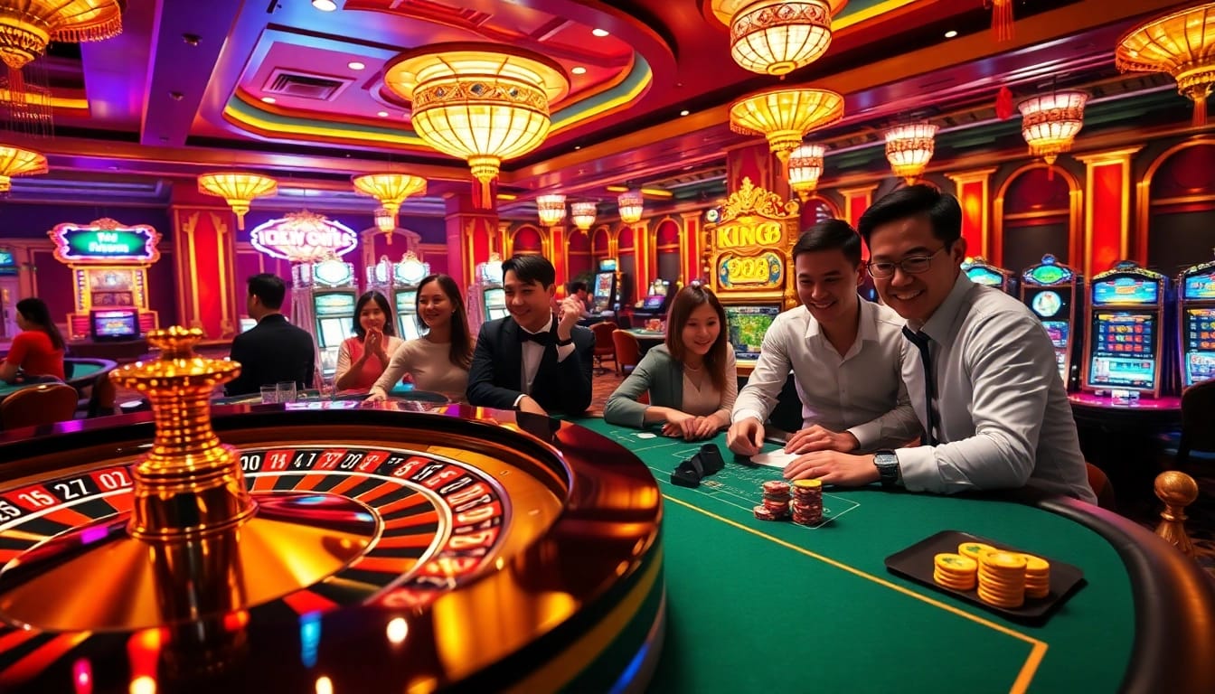 King88 players enjoying a festive casino experience with vibrant slot machines and roulette.
