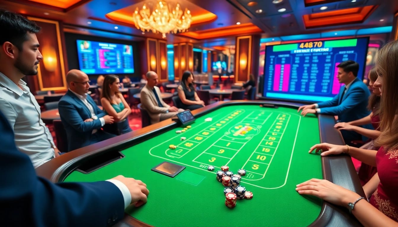 Tài xỉu md5 action at a vibrant casino table, with excited players and colorful chips.
