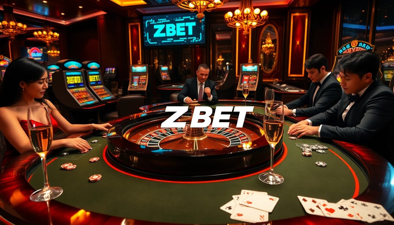 ZBET branded roulette table with enthusiastic gamblers in a luxurious casino setting