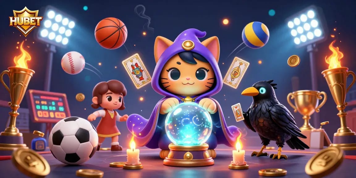 Experience the thrill of betting at HUBET with a vibrant 3D illustration of fortune tellers and sports elements.