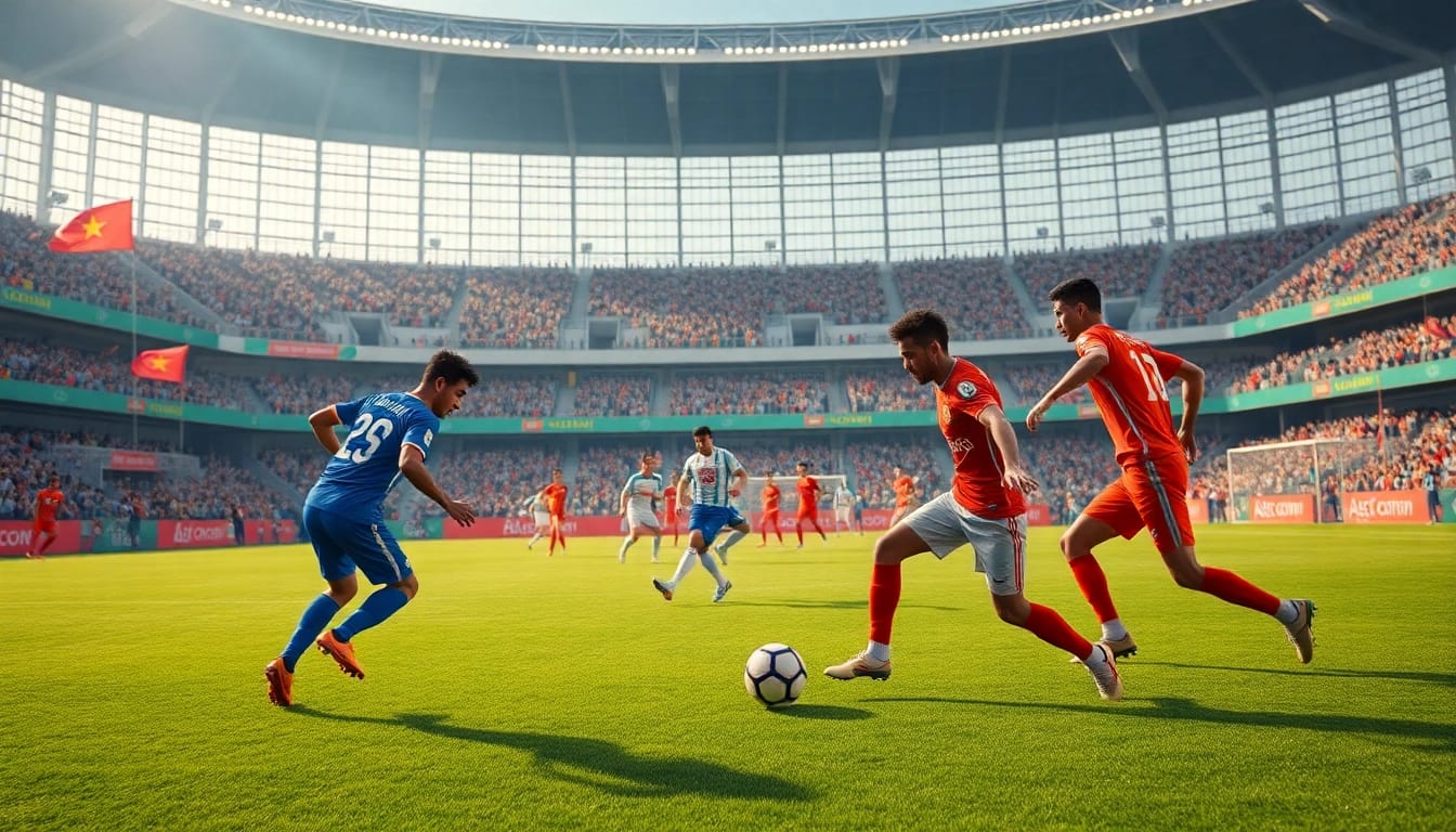 Exciting scene from Giải Bóng đá hạng Nhất Việt Nam match showcasing players and fans in a vibrant stadium.