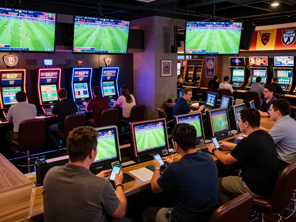 F168 sports betting corner with live football matches and excited bettors placing wagers.