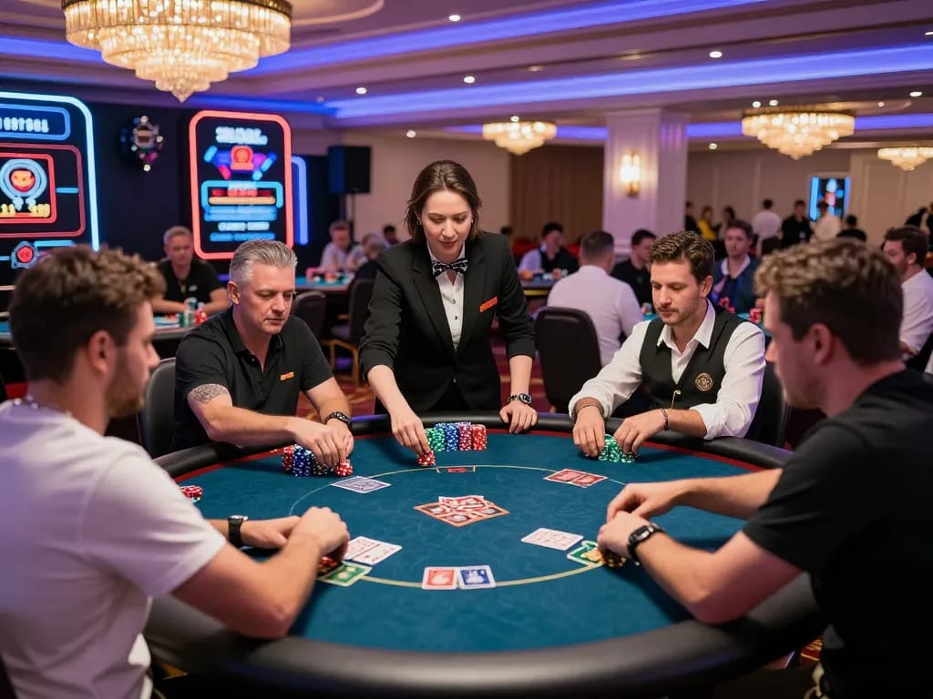 Players enjoying an exciting poker game at O8 SOCIAL casino, vibrant atmosphere with colorful chips.