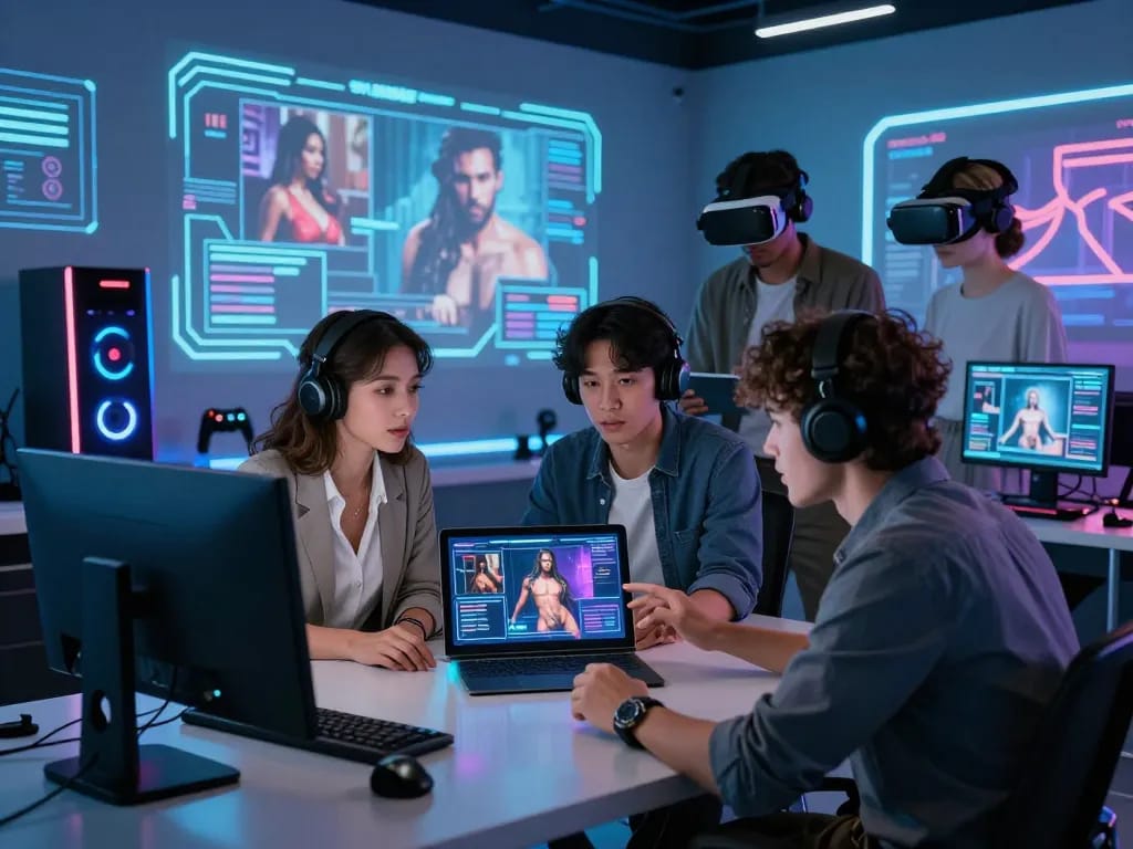 Professionals discussing AI porn concepts in a modern virtual studio with holographic displays and tech gear.