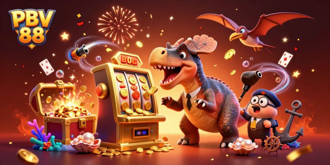 PBV 88 features a playful dinosaur winning big at a slot machine filled with coins and excitement.