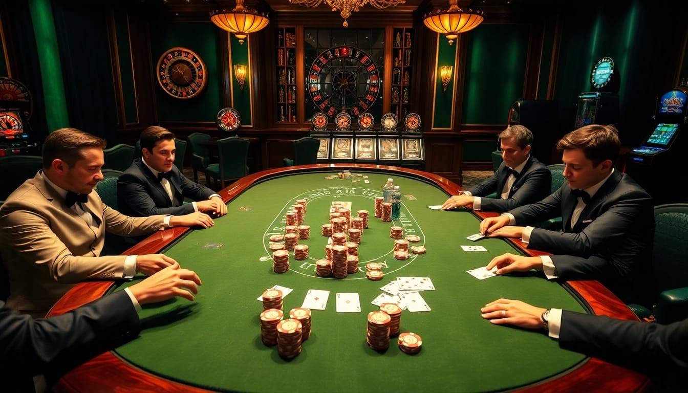 RR88 poker game at a luxurious casino with high-stakes excitement and elegant players.