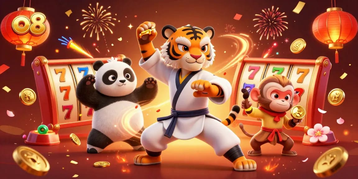 Experience thrilling jackpots at o8 with a dynamic scene of a kung fu tiger, a panda, and a stealing monkey.