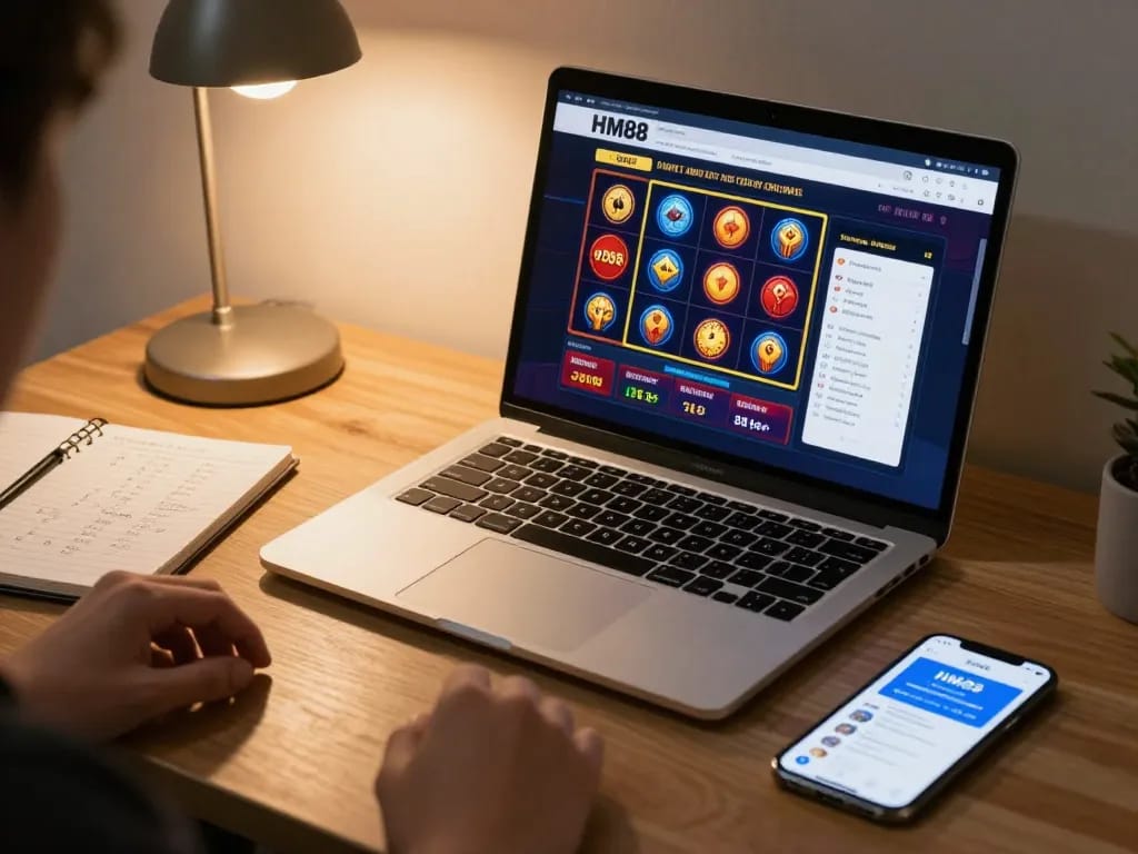 Engaging user enjoying HM88 casino games on a laptop, highlighting online gaming strategies and bankroll management.