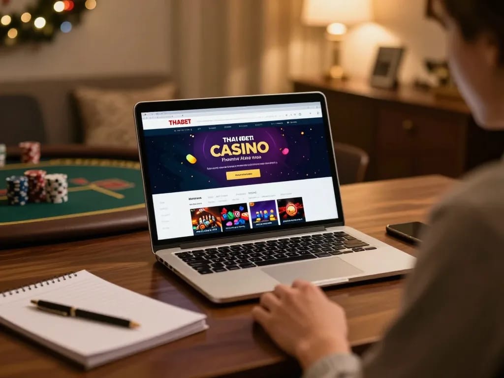 Engaging in strategic online gaming at Thabet with laptop and betting notes.