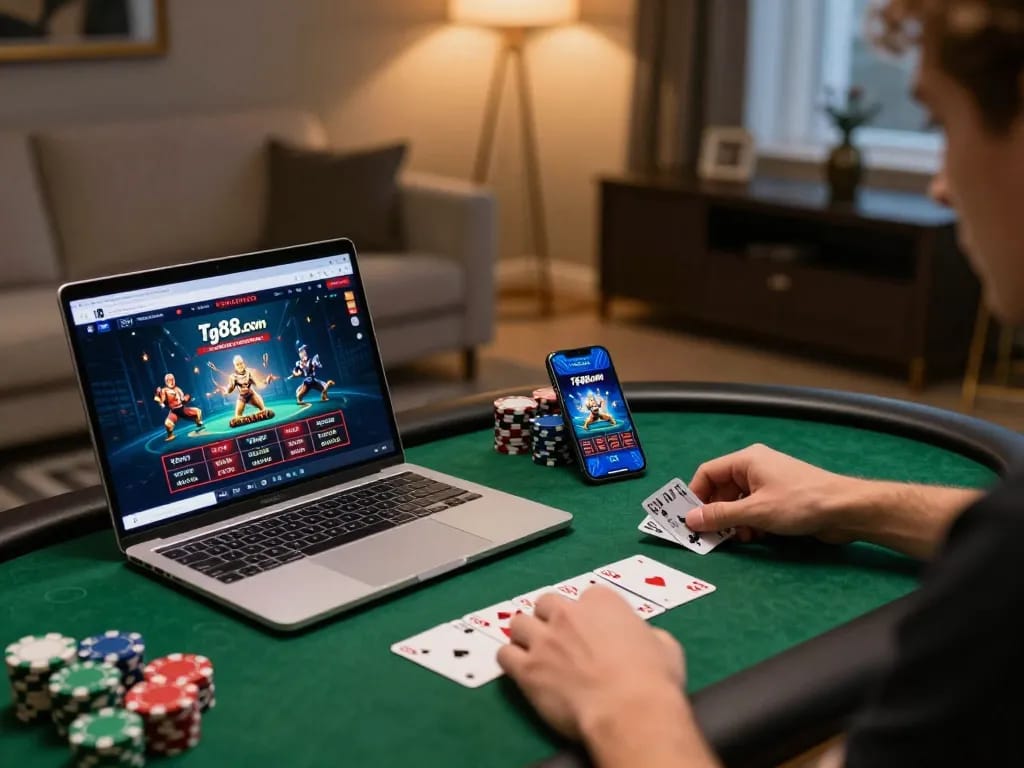 Tg88.com gaming setup featuring a laptop and smartphone with casino interface
