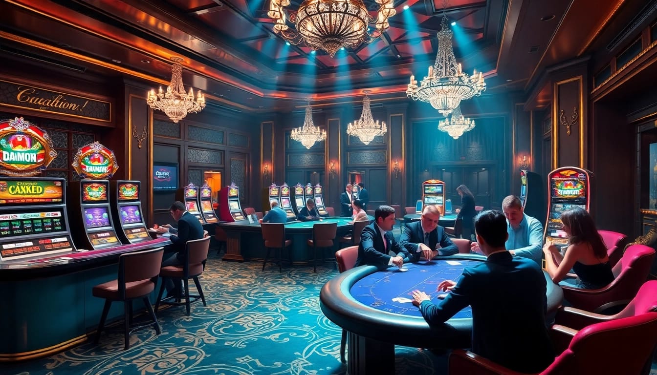 Engaging scene of professional dealers at a luxurious casino table, showcasing nhà cái uy tín gaming experiences.