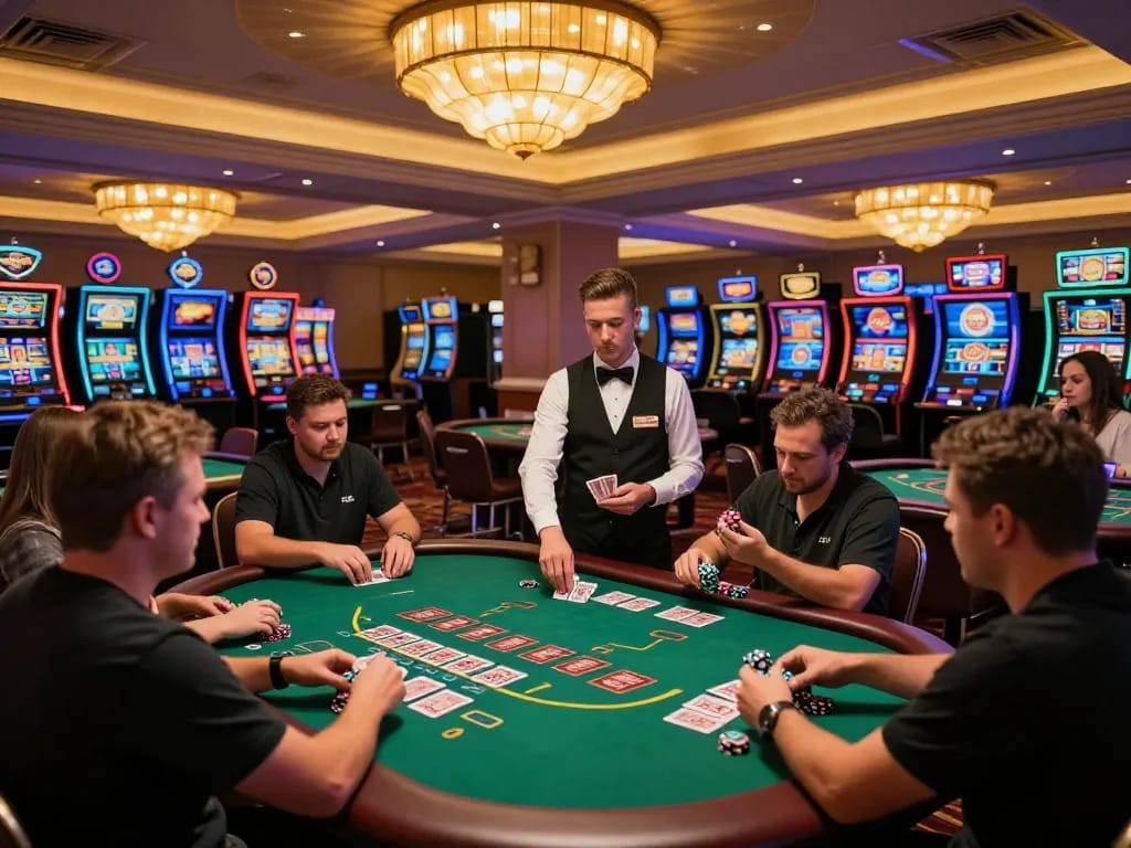 Exciting gameplay at dn 88 blackjack tables with players celebrating wins and dealers in action.