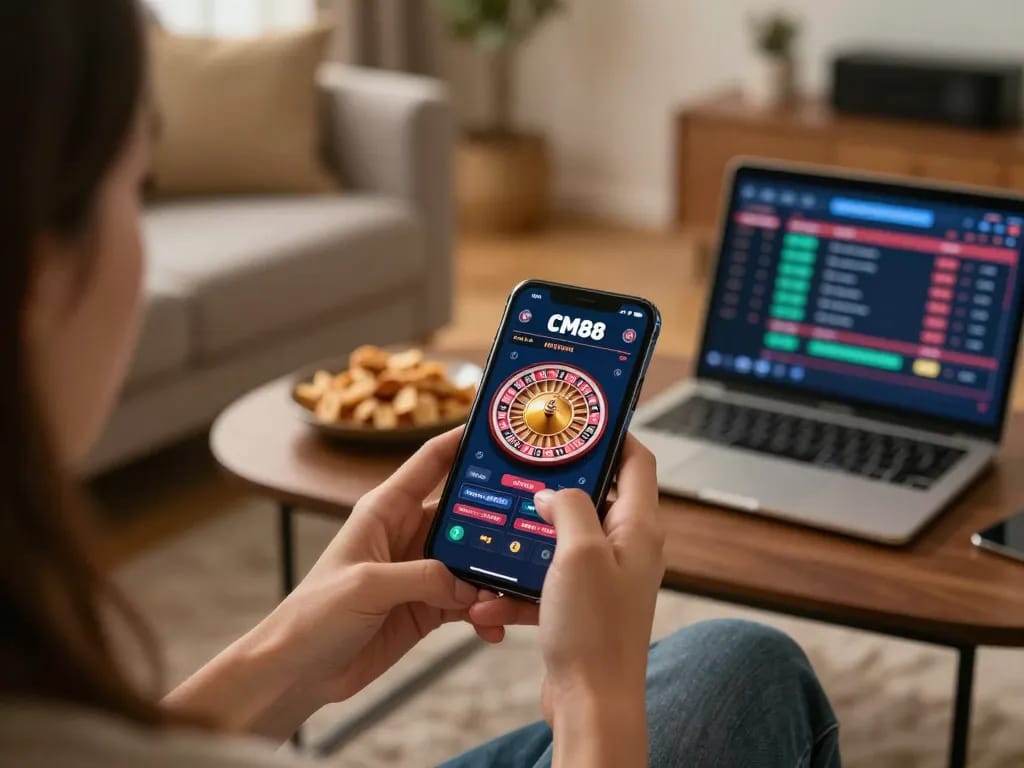 Engaging gameplay on CM88 mobile app showing roulette wheel with snacks nearby in cozy setting.