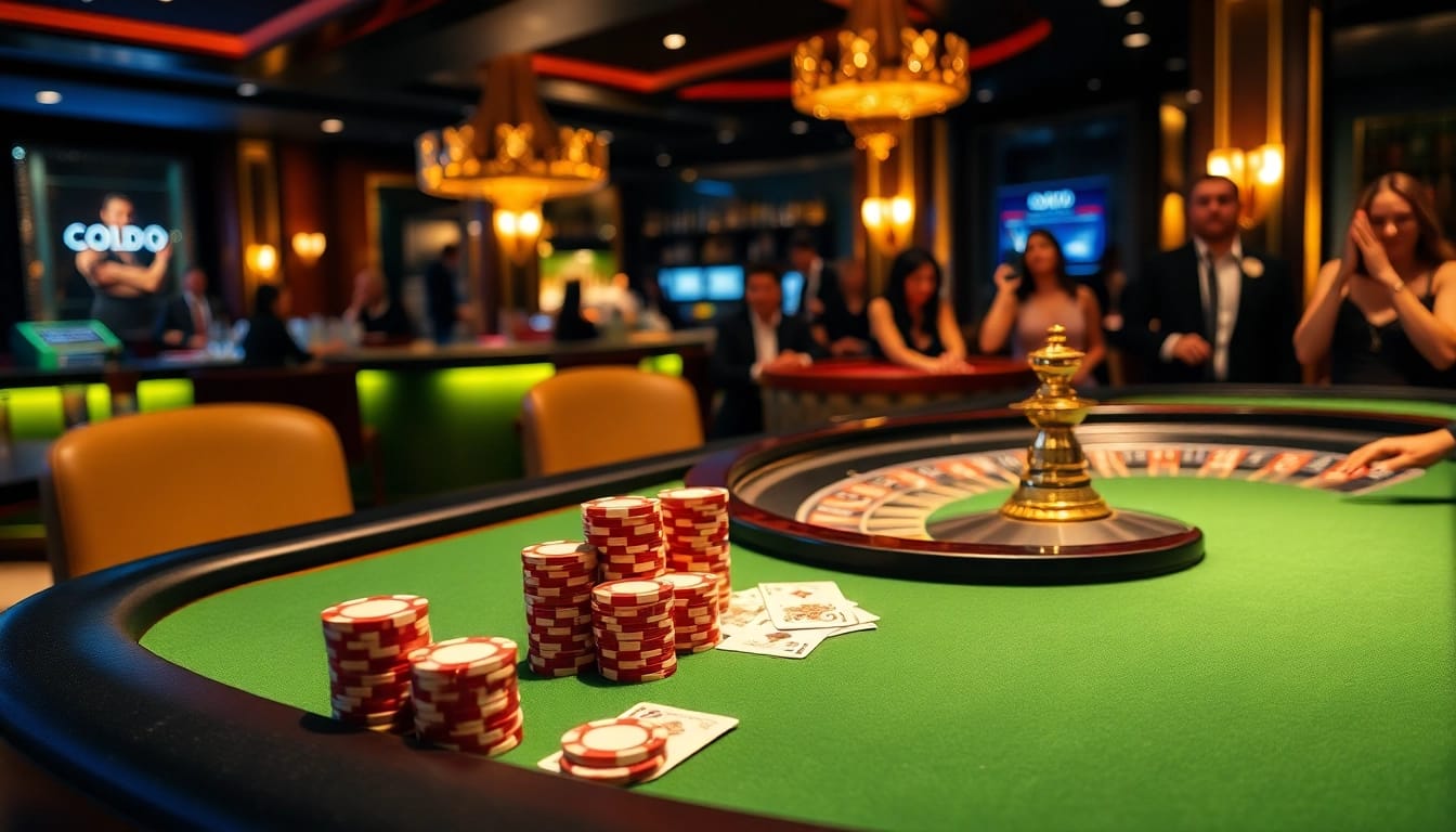 SODO Casino tables featuring poker chips and illuminated roulette wheel create an exciting gaming atmosphere.