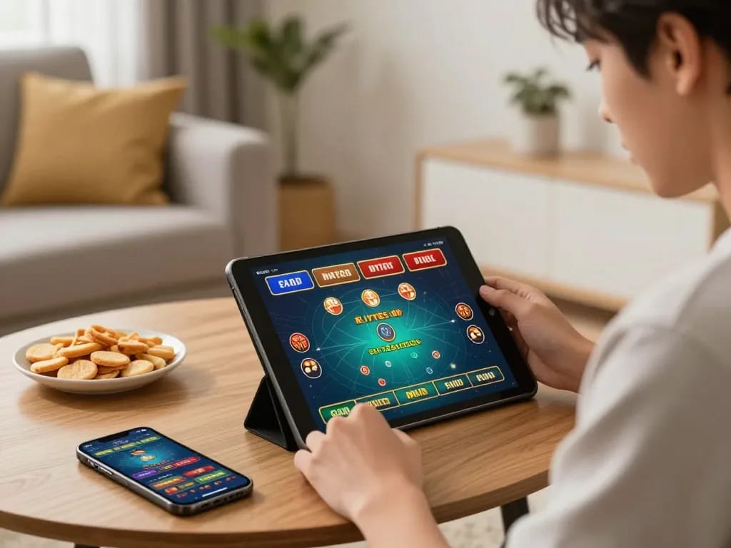 Experience thrilling online gambling with 789WIN on a tablet in a cozy home setting.