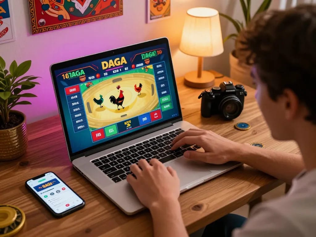 DAGAGO player enjoying live betting on chicken fights with laptop in a cozy home setting.