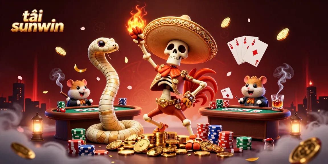 Experience the excitement of tải sunwin with lively characters celebrating amidst poker action and vibrant casino elements.