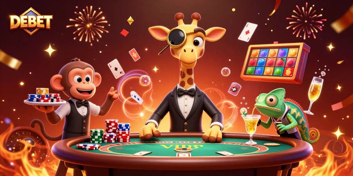 DEBET poker excitement with a high-roller giraffe and vibrant casino elements in an engaging scene