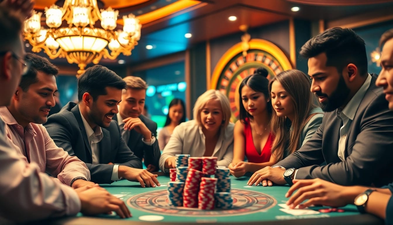 Players enjoying an engaging poker game, capturing the excitement of gambling on Luongsontv.
