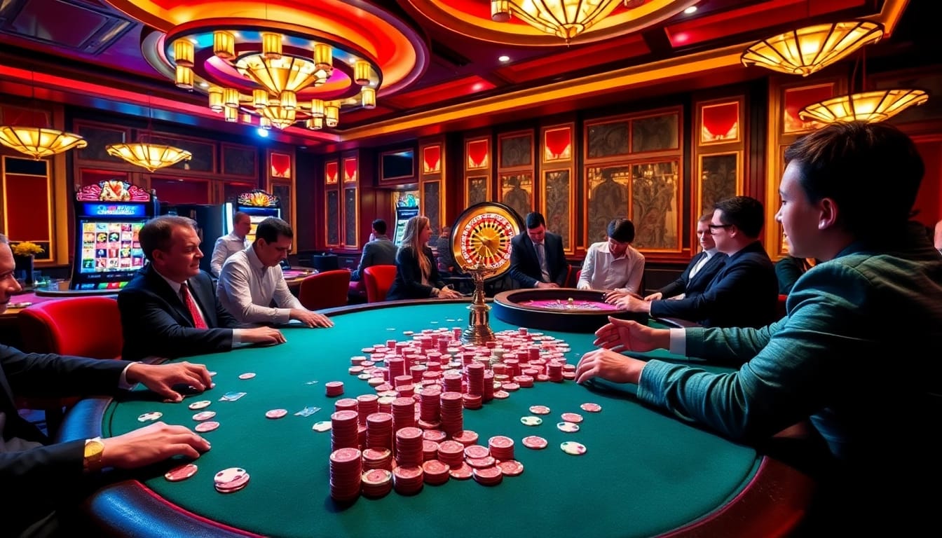 Hitclub players enjoying a thrilling poker game with vibrant chips and cards in a luxurious casino.