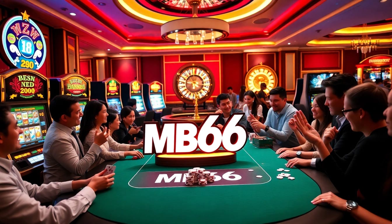 Gambling excitement at MB66 casino with players at the poker table and vibrant slot machines.