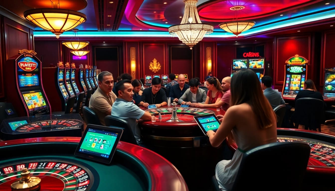 A lively online casino scene featuring players engaged in games at CO88, showcasing intense gameplay with vibrant slot machines.