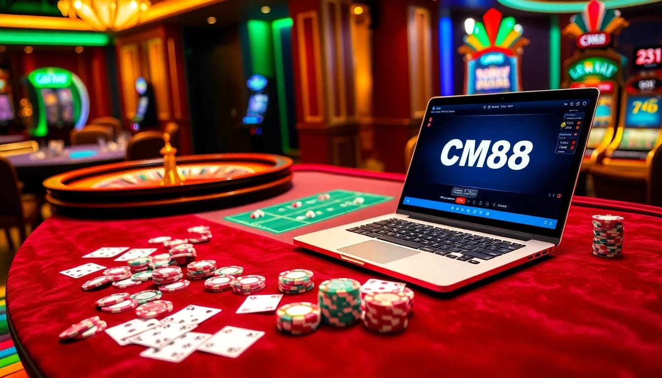 Experience the excitement of CM88 with a luxurious casino scene full of cards and roulette.