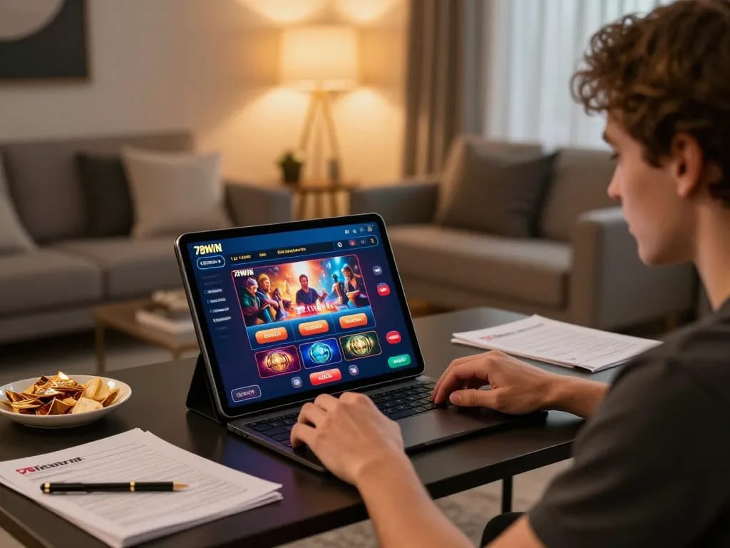 Engaging in gameplay on 78WIN online casino platform with a sleek tablet in cozy home setup.