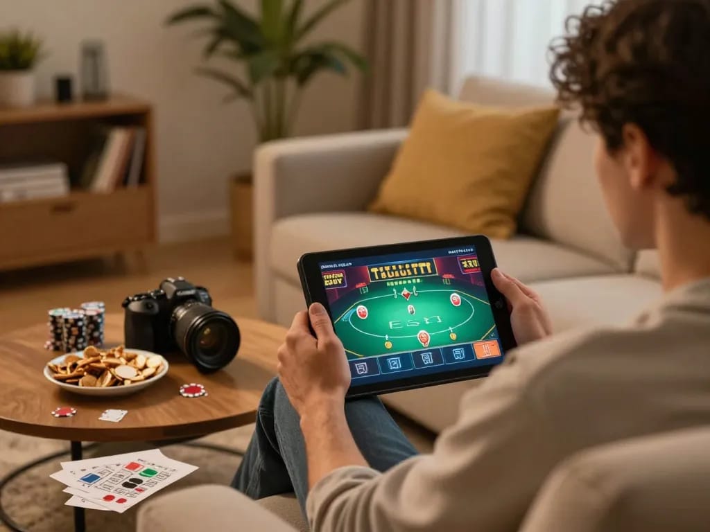 Experience online gaming at https://tg88uk.com/ with an engaged player using a tablet in a cozy home setting.