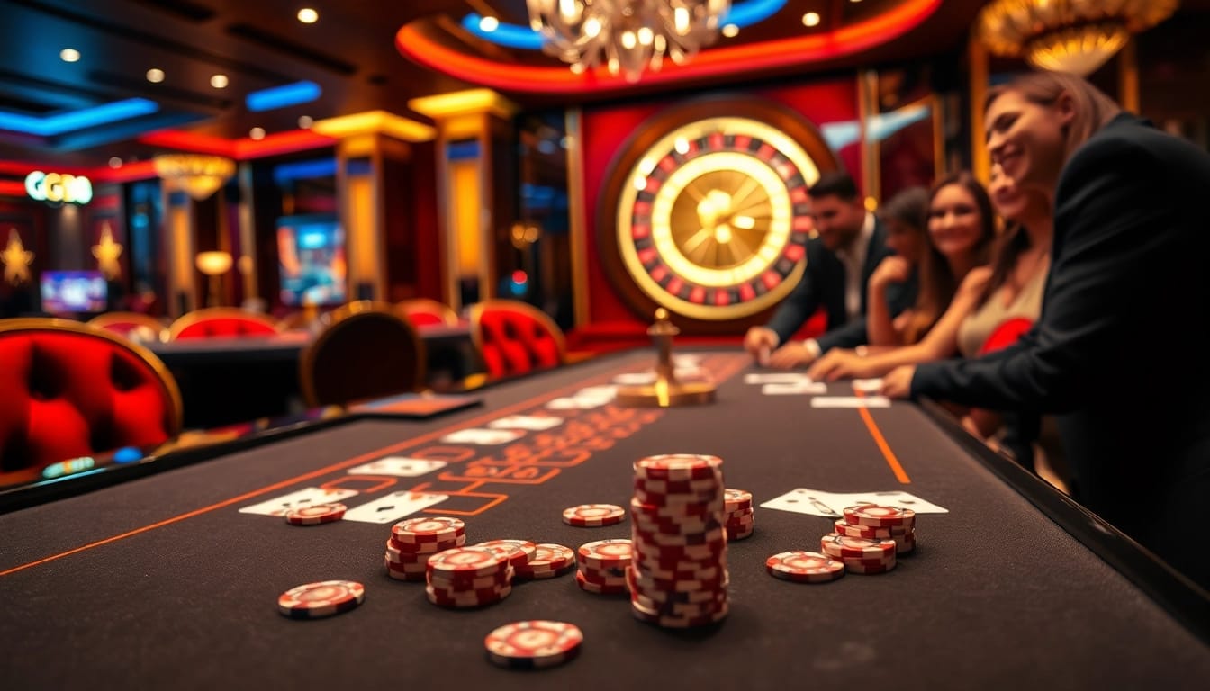 Experience the thrilling action at gg88's gaming table with vibrant chips and dazzling cards.