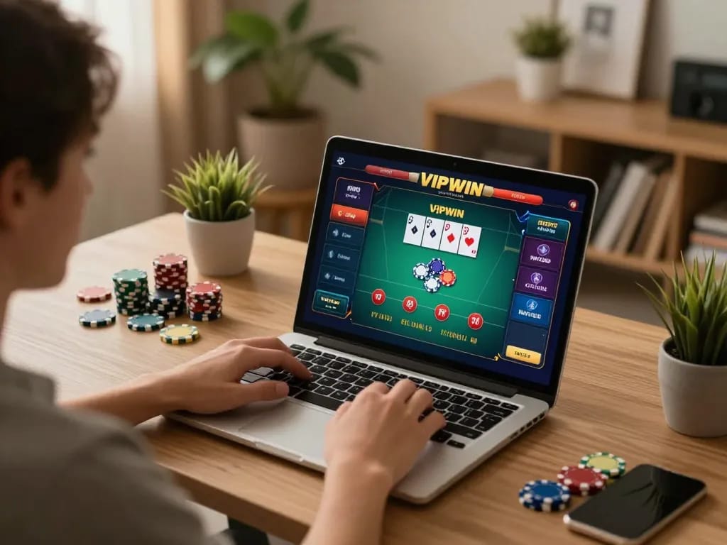 Engaging online poker gameplay on vipwin2 platform, showcasing chips and screen interface for immersive experience.