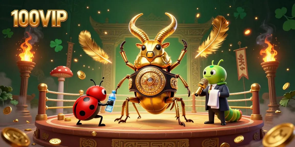Experience thrilling bets at 100VIP with a golden stag beetle boxing champion in a vibrant casino scene.