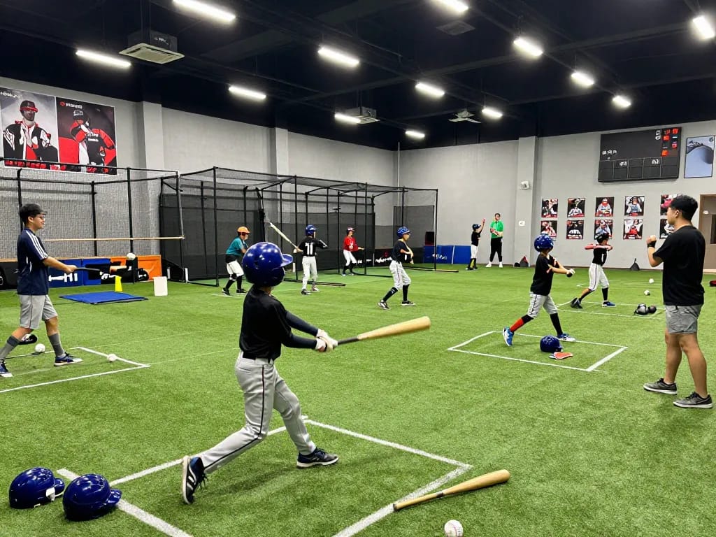 Hitclub baseball training session with young athletes practicing hitting techniques in dynamic indoor environment.
