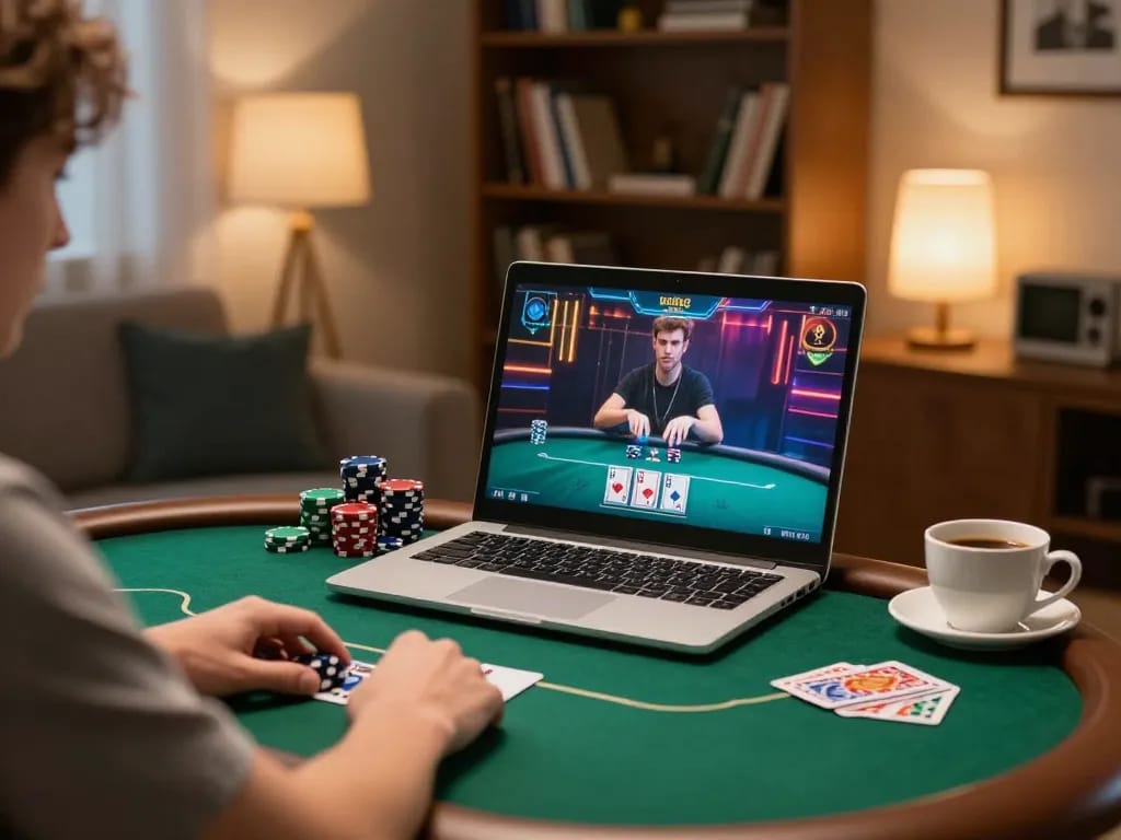 Engaging in an online poker match on F8bet platform while enjoying a cozy home setup.