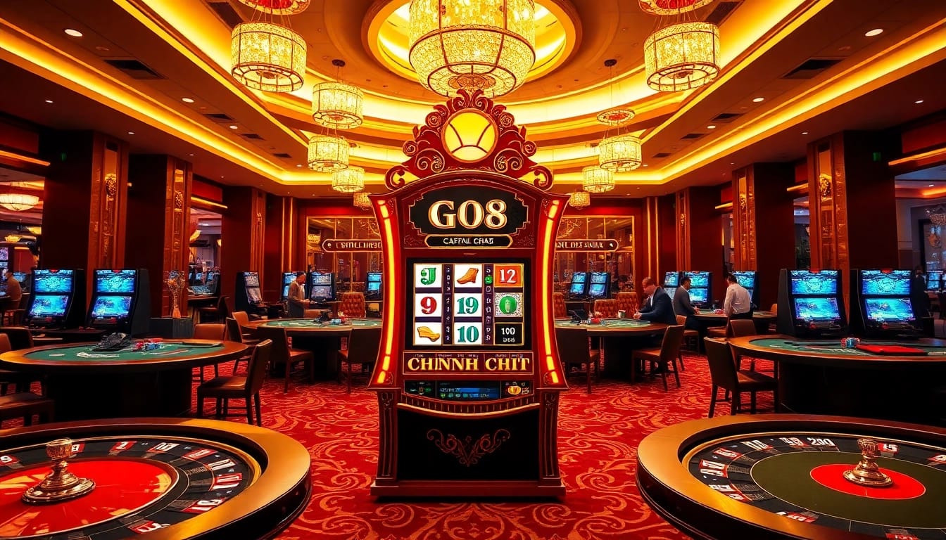 Engage with the GO8 CHÍNH CHỦ casino experience featuring an elegant slot machine and poker tables amidst a luxurious setting.