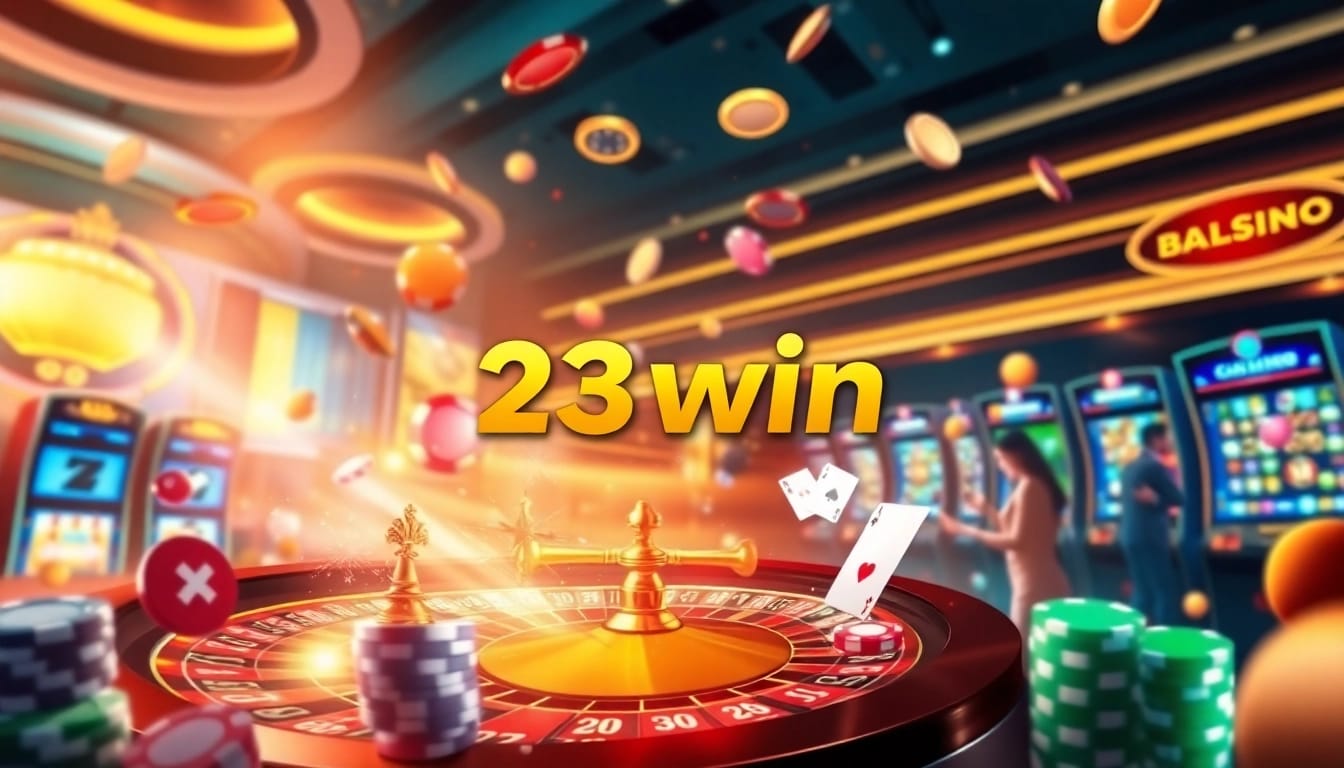 Players celebrating big wins at 23win online casino with vibrant slot machines and roulette.