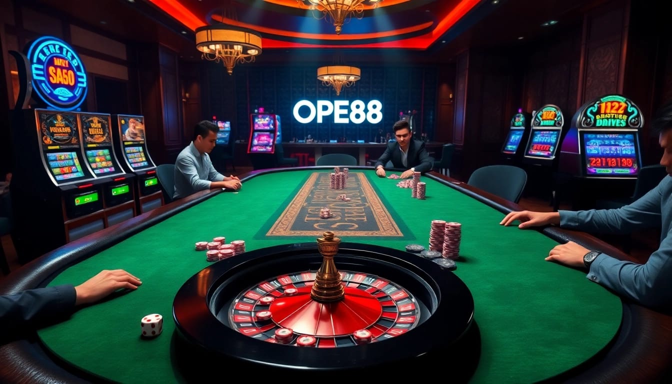 Experience thrilling casino action at OPEN88 with poker, roulette, and colorful slot machines.
