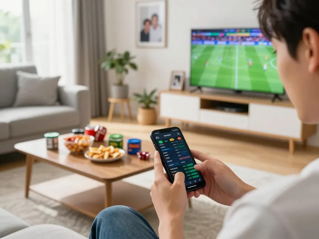 Person analyzing odds on smartphone for keobongda, enjoying sports betting in a cozy home.