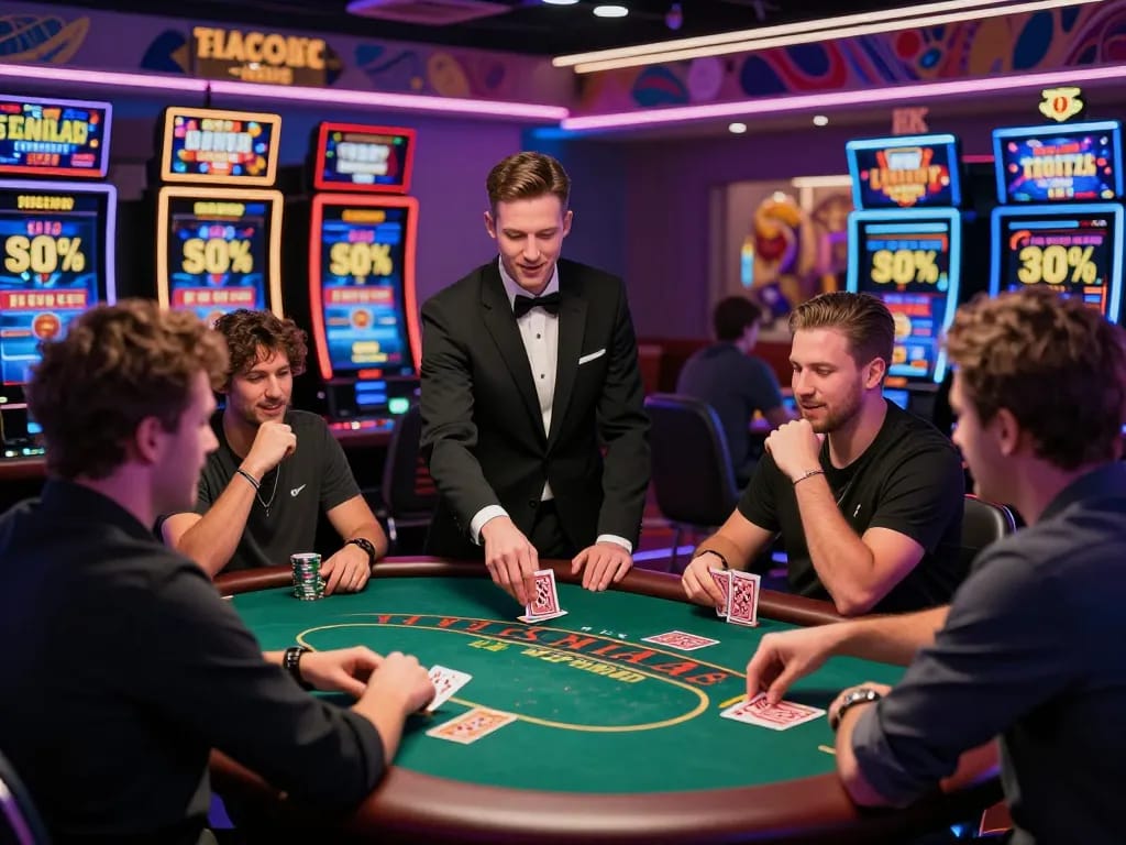 Exciting scene of players enjoying various games at 23win online casino, illuminated by vibrant neon lights.