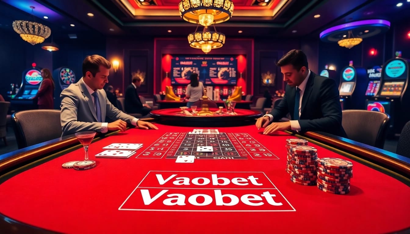 Exciting gamblers playing at a sophisticated Vaobet blackjack table with vibrant cards and chips.