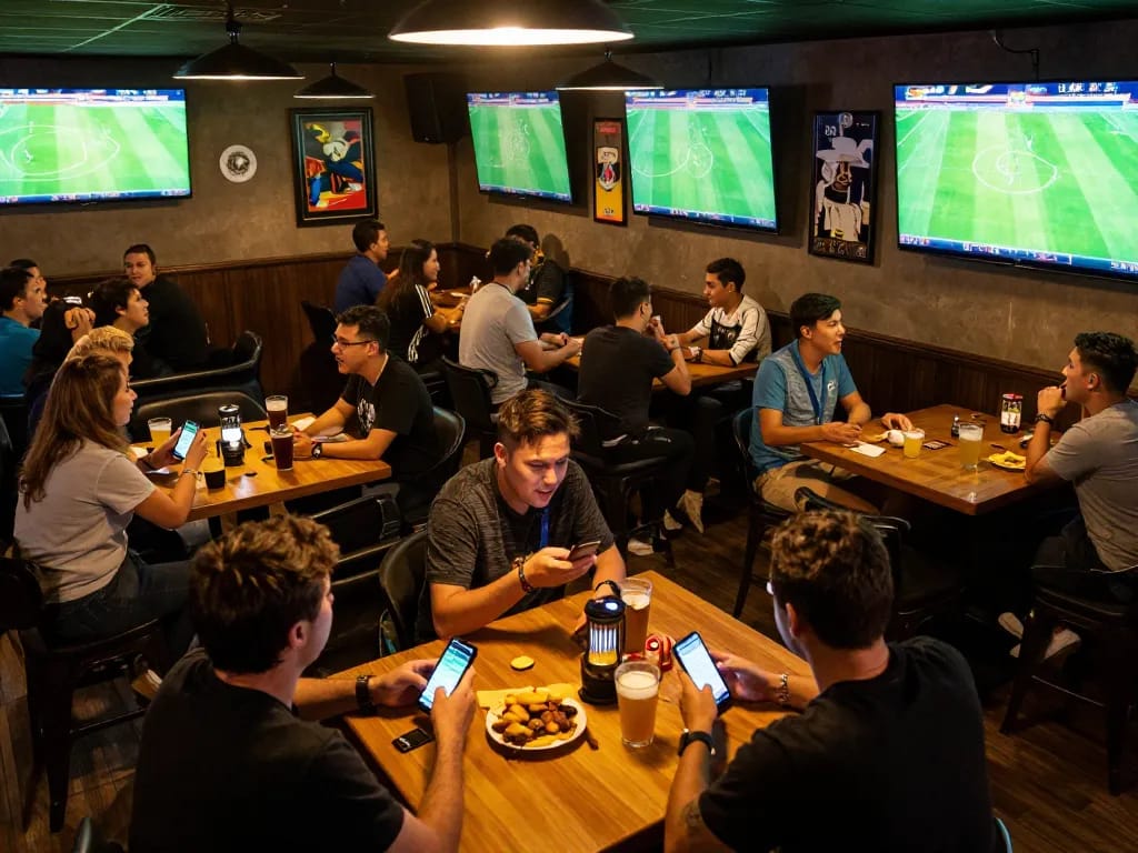 Kết quả bóng đá updates during a lively sports betting night at a bar with fans cheering