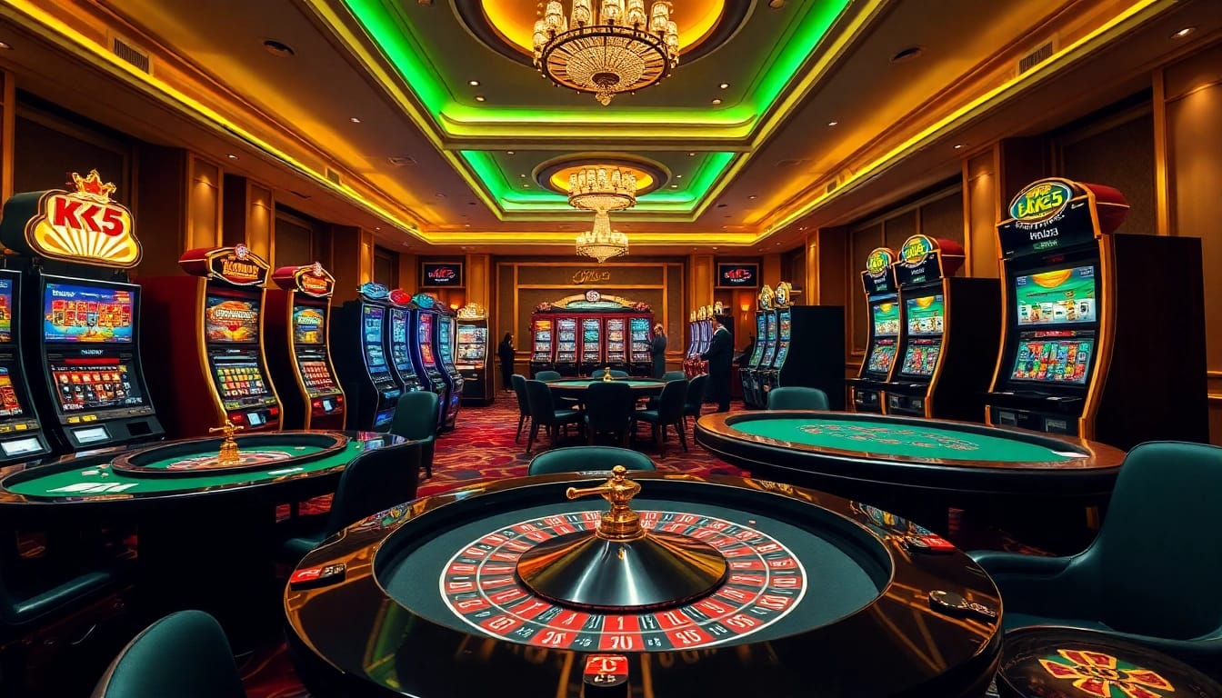 Experience the thrill of KK55 casino games with players engaging at luxurious tables.
