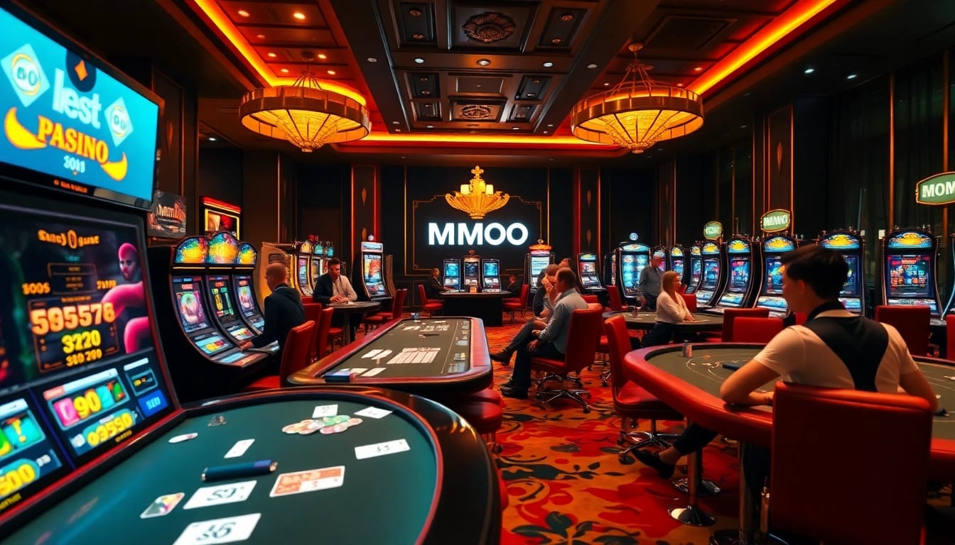 MMOO players enjoying a vibrant casino atmosphere with slot machines and poker tables.