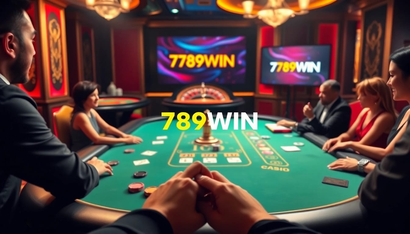Players enjoying poker at the 789WIN casino table with vibrant chips and cards.