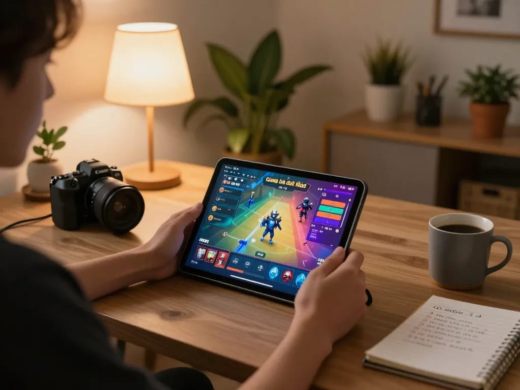 Engaging in Game bài đổi thưởng through an online tablet setup, showcasing gaming strategies in a cozy home environment