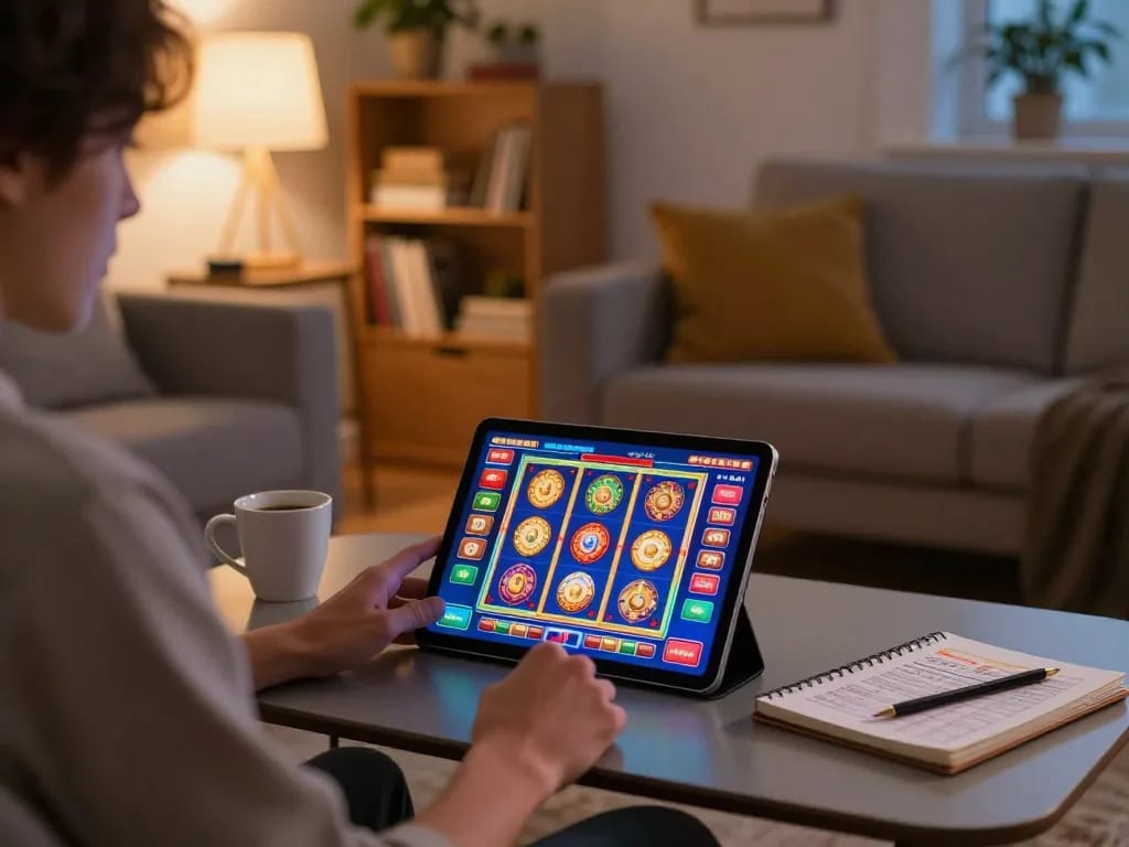 Player engaging with 888top casino app on tablet in cozy living room, showcasing responsible gaming.