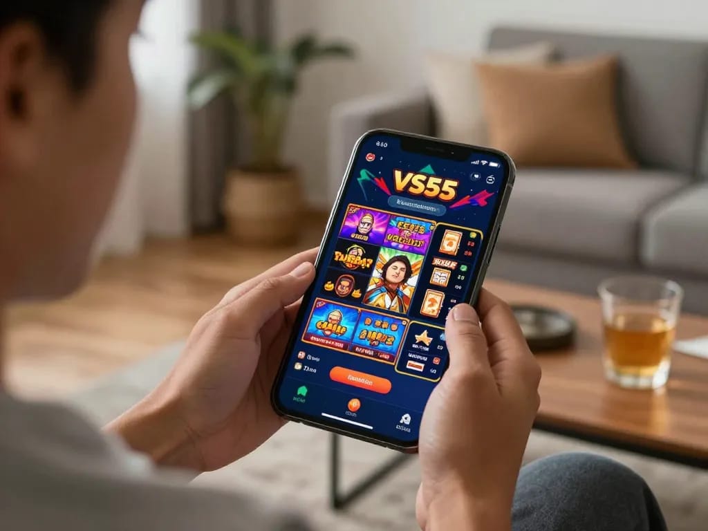 Playing slot games on the VS555 Bangladesh app in a cozy living room setting.