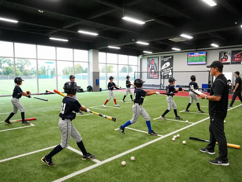 Hitclub athletes training in a vibrant baseball facility, showcasing teamwork and coaching.