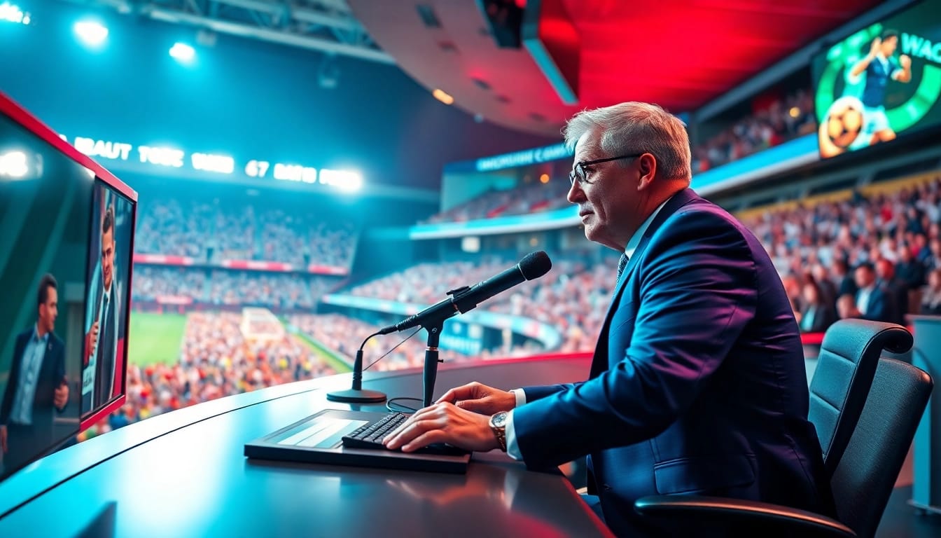 Engaging scene of Sports Broadcasting with a commentator at a desk, lively stadium crowd in background.